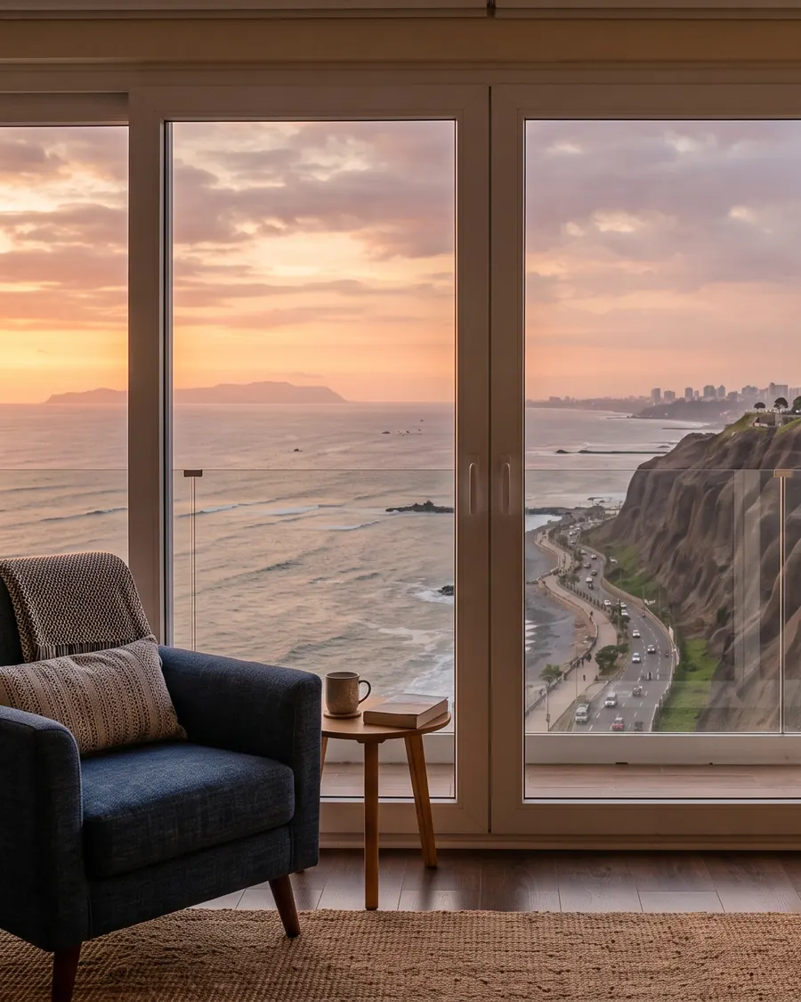 Imagen de ambientación: sala en Barranco al atardecer, con vista al mar a través de ventanas de PVC